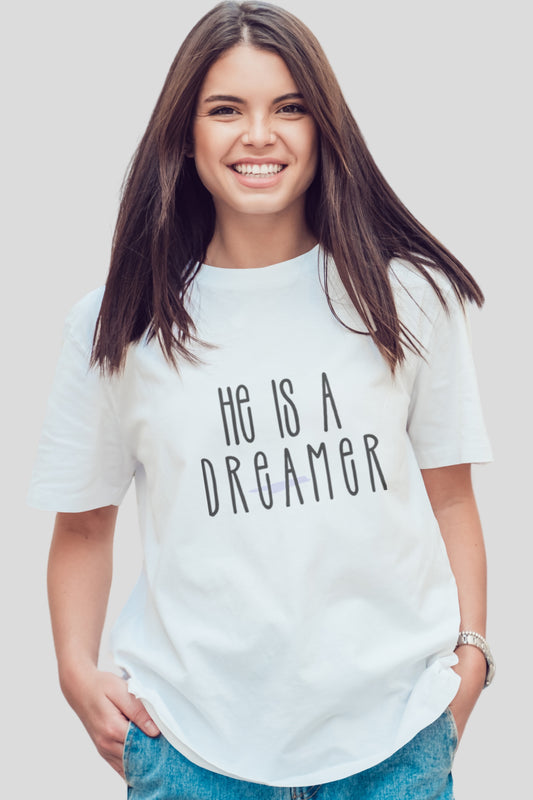 He is a Dreamer Couple Oversized Tee - White